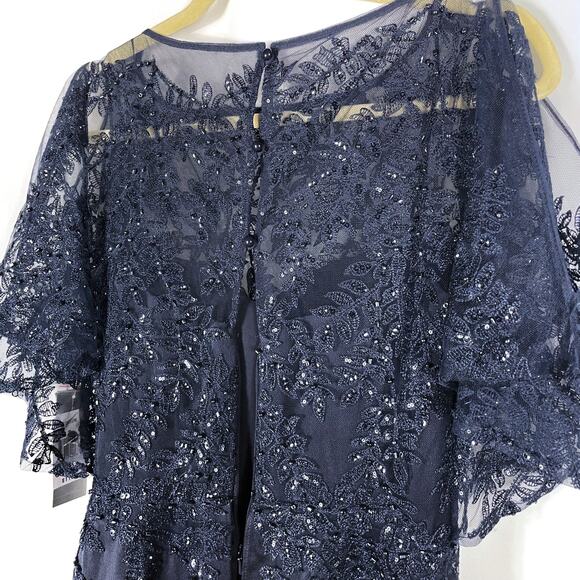 Teri Jon Emma Gown Navy Blue Sequin Lace Flutter Sleeves Side Slit Sz 2 - Picture 9 of 11